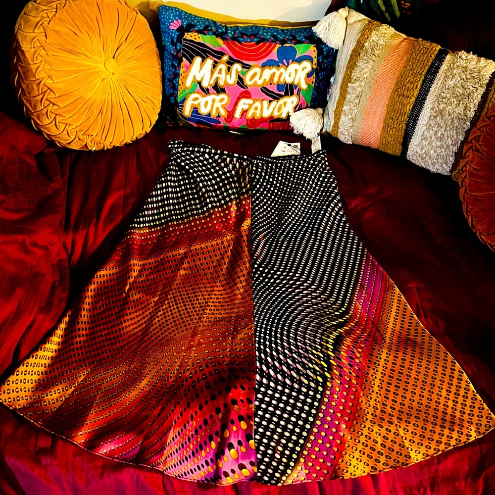 Multi colored, patterned, 3/4 length skirt, satin feel, A line, easy side zip